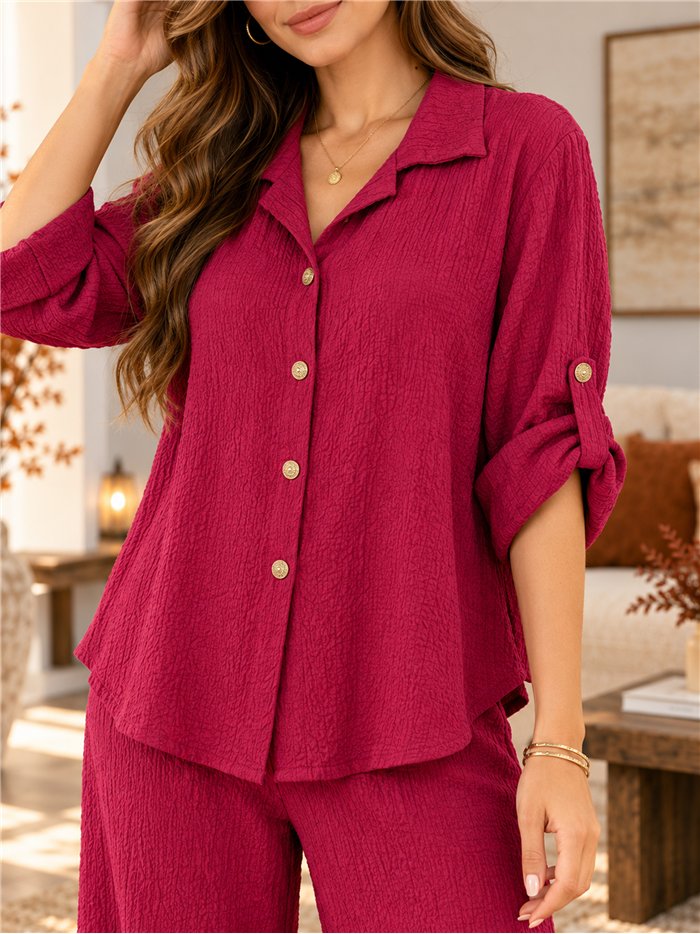 Oversized crinkle texture shirt and wide-leg trousers set