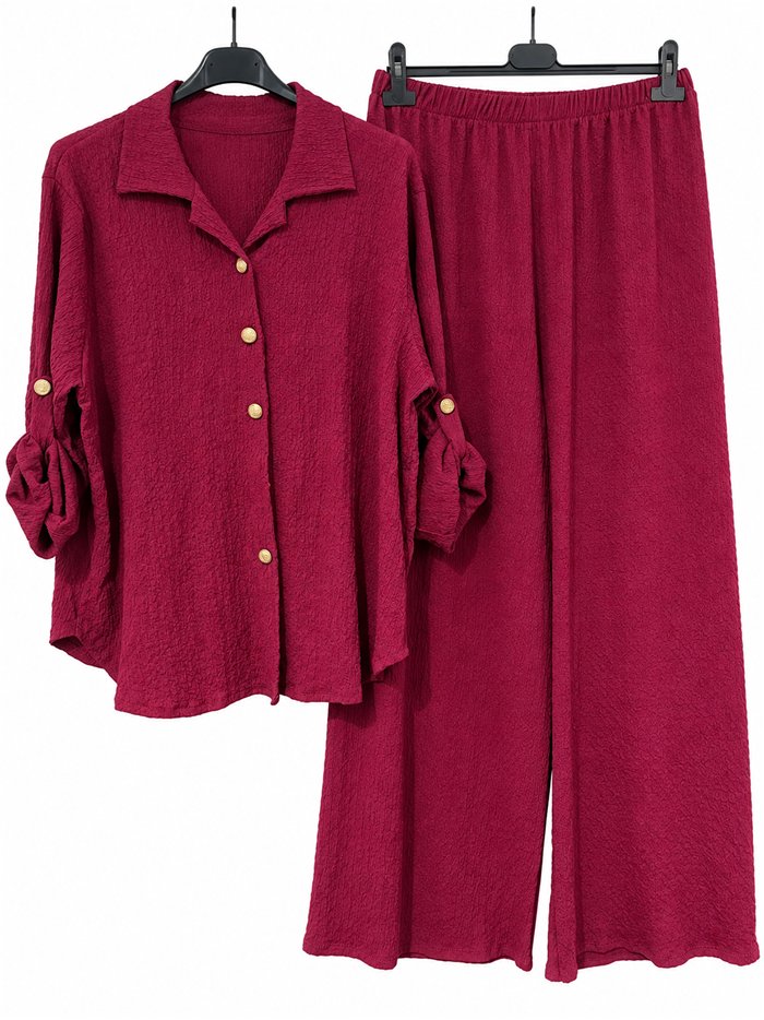 Oversized crinkle texture shirt and wide-leg trousers set