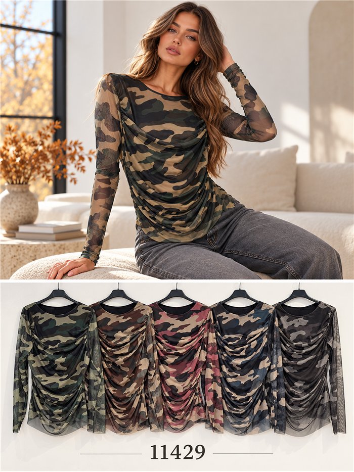 T-shirt in tulle arricciato con stampa mimetica