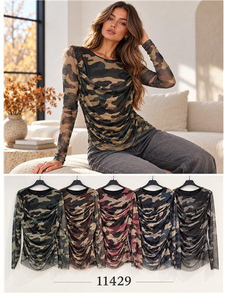 T-shirt in tulle arricciato con stampa mimetica