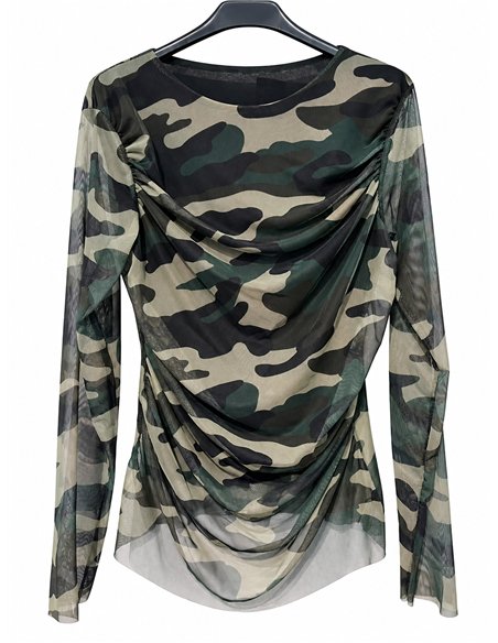 T-shirt in tulle arricciato con stampa mimetica