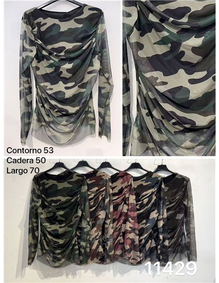 T-shirt in tulle arricciato con stampa mimetica