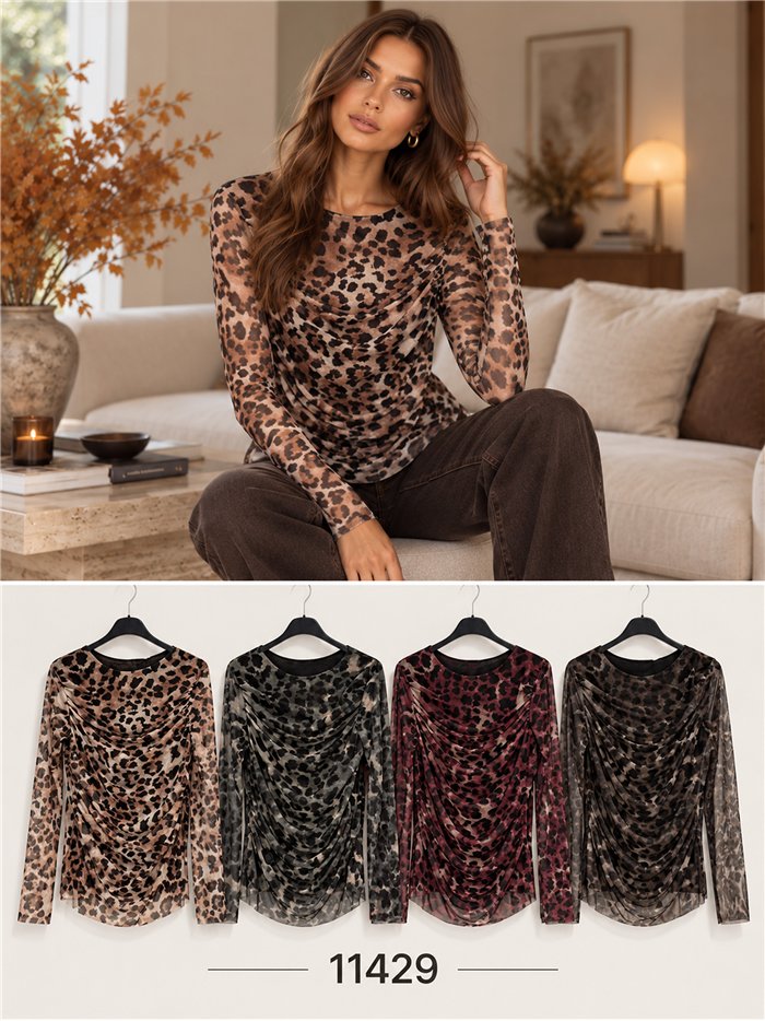 Camiseta de tule franzido com estampa de leopardo