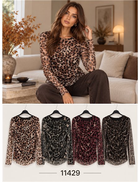 Camiseta de tule franzido com estampa de leopardo