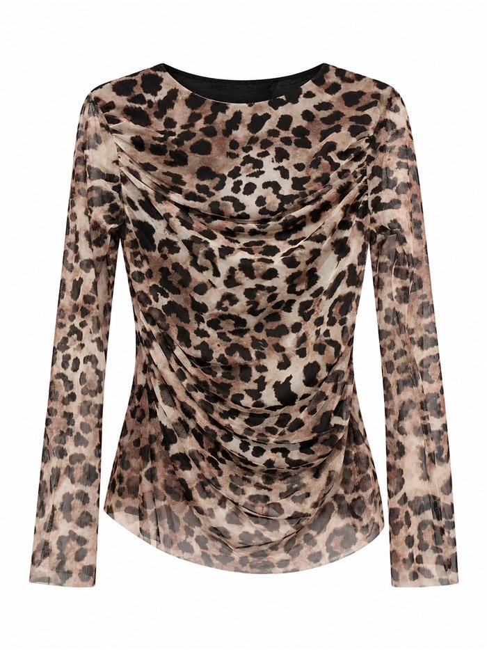 Camiseta de tule franzido com estampa de leopardo