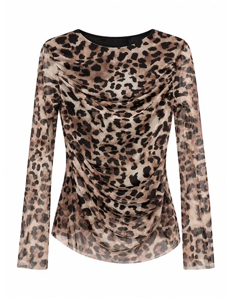 Camiseta de tule franzido com estampa de leopardo