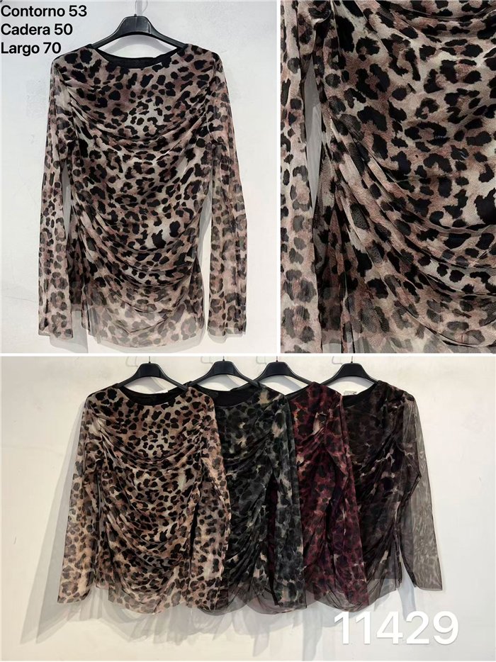 Camiseta de tule franzido com estampa de leopardo