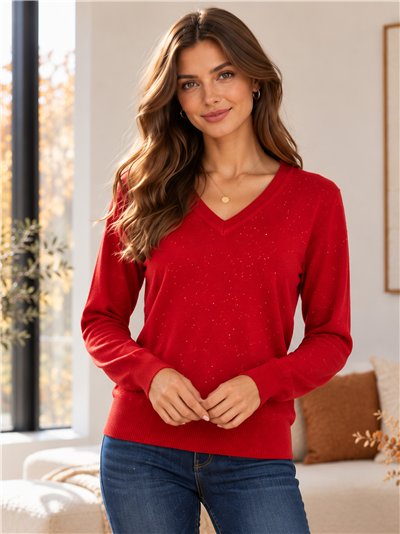 Jersey de punto fino cuello pico con lentejuelas