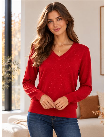 Jersey de punto fino cuello pico con lentejuelas