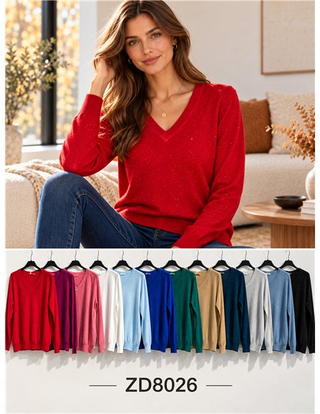Jersey de punto fino cuello pico con lentejuelas