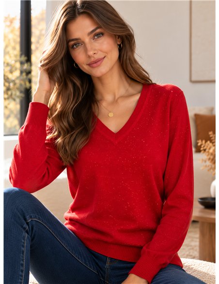 Jersey de punto fino cuello pico con lentejuelas