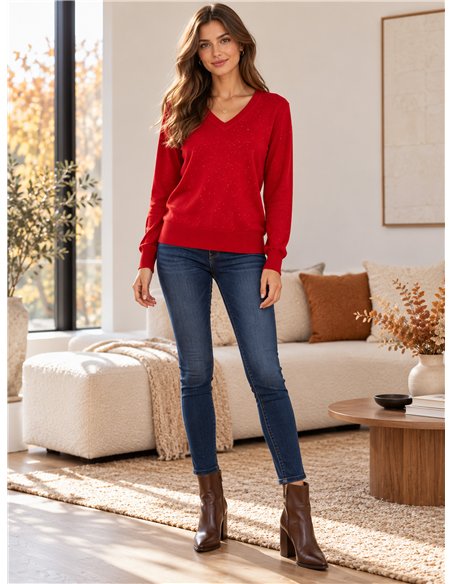 Jersey de punto fino cuello pico con lentejuelas