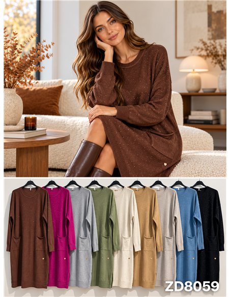Vestido de punto fino con lentejuelas y bolsillos
