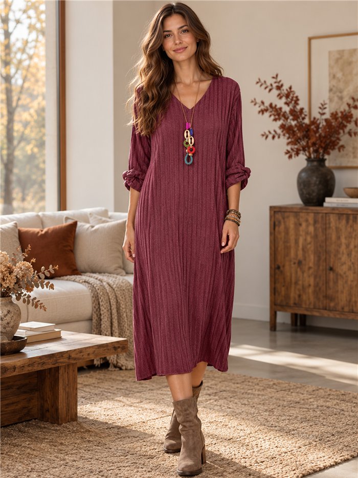 Vestido midi de punto canalé con collar