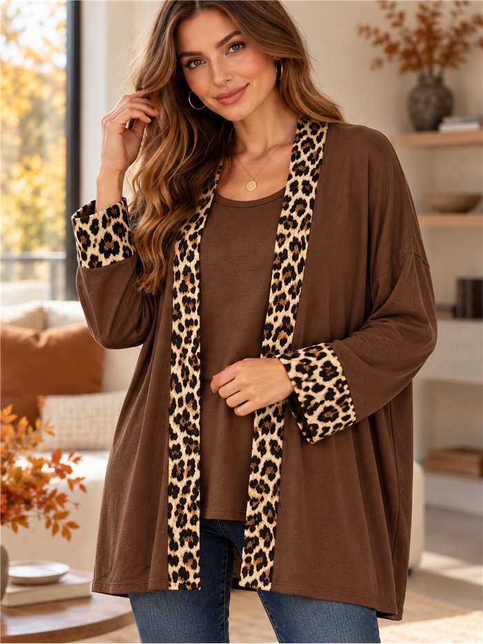 Jersey talla grande efecto doble con ribete leopardo