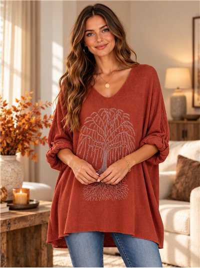Jersey de punto fino talla grande árbol strass