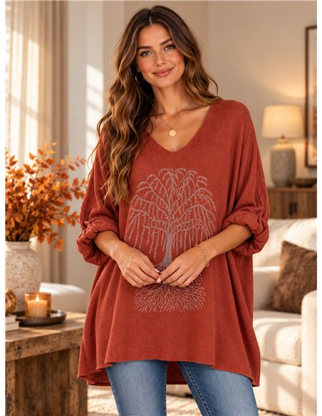 Jersey de punto fino talla grande árbol strass