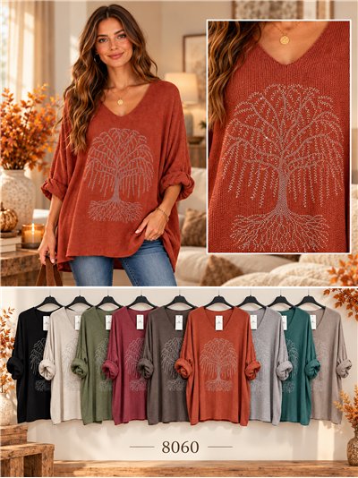 Jersey de punto fino talla grande árbol strass 2