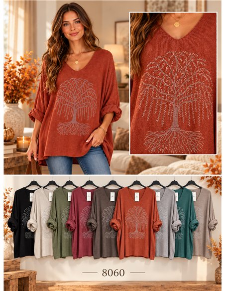 Jersey de punto fino talla grande árbol strass