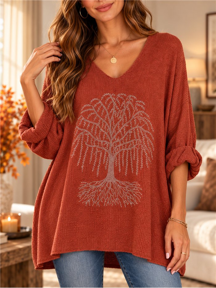 Jersey de punto fino talla grande árbol strass