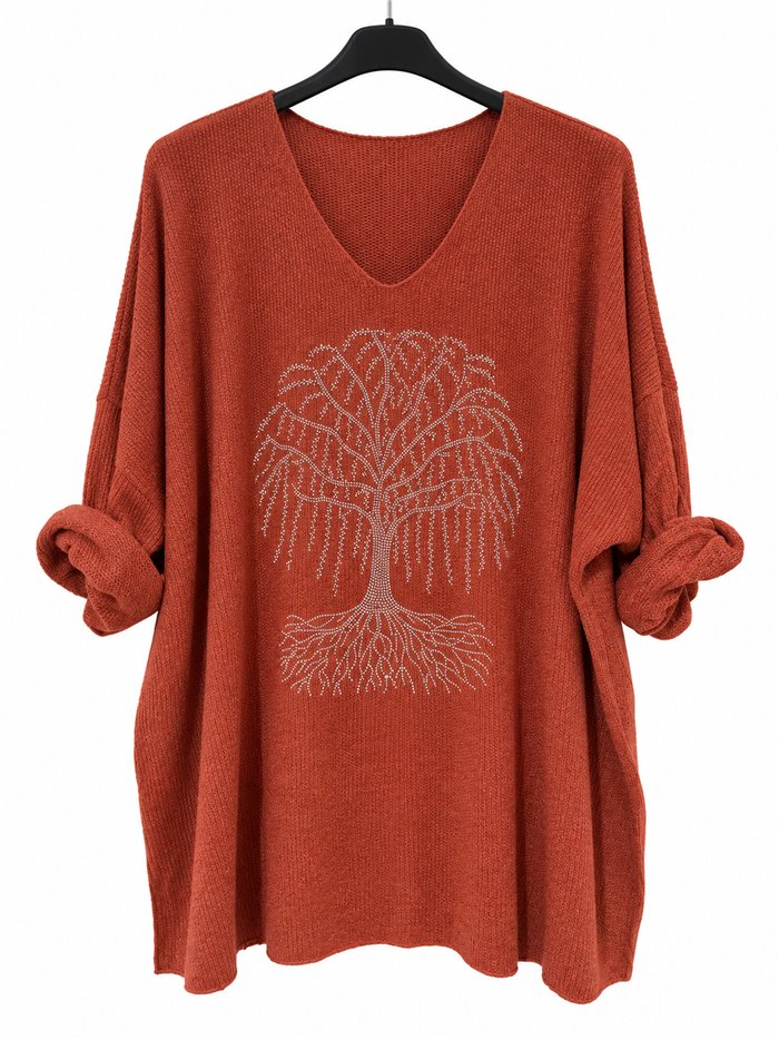 Jersey de punto fino talla grande árbol strass