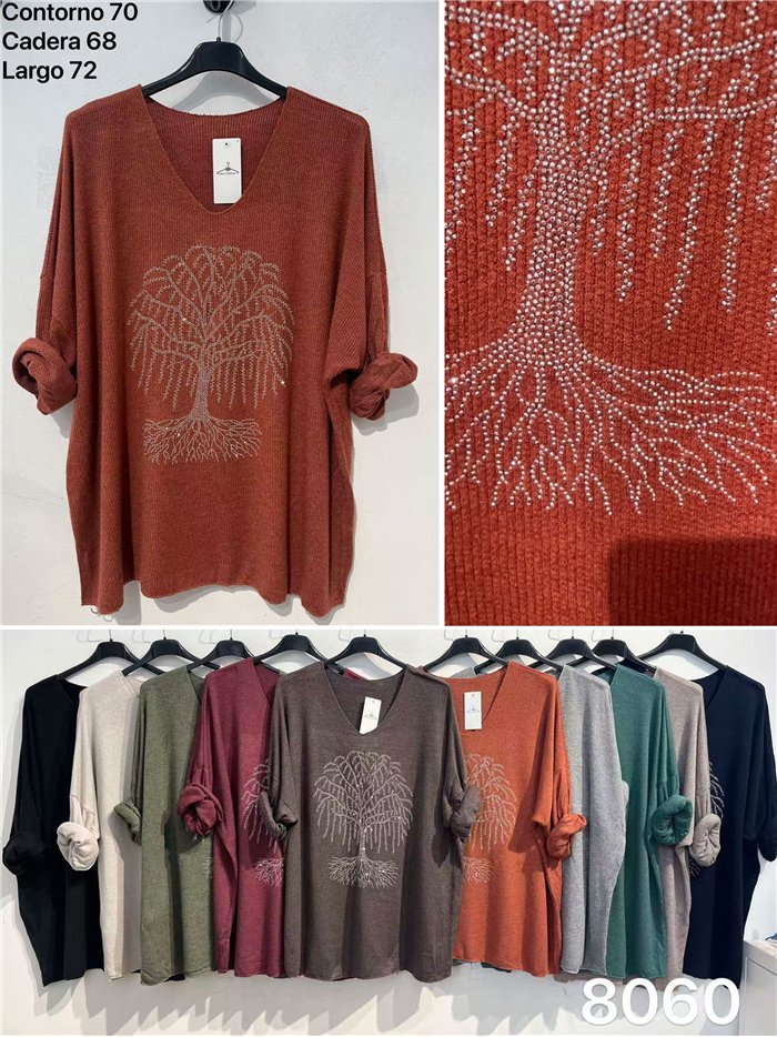 Jersey de punto fino talla grande árbol strass