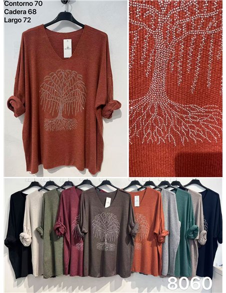 Jersey de punto fino talla grande árbol strass