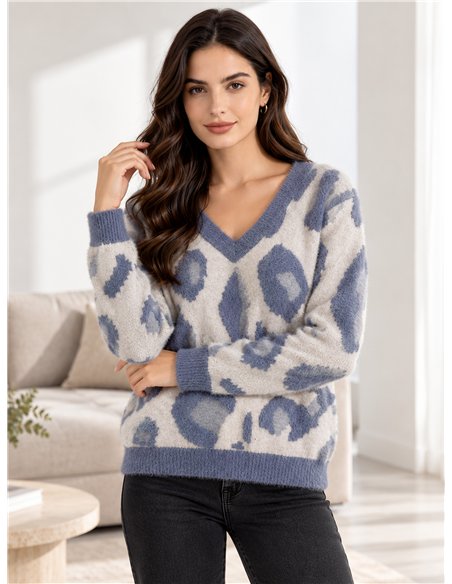 Maglione con scollo a V e stampa animalier in morbida pelliccia.