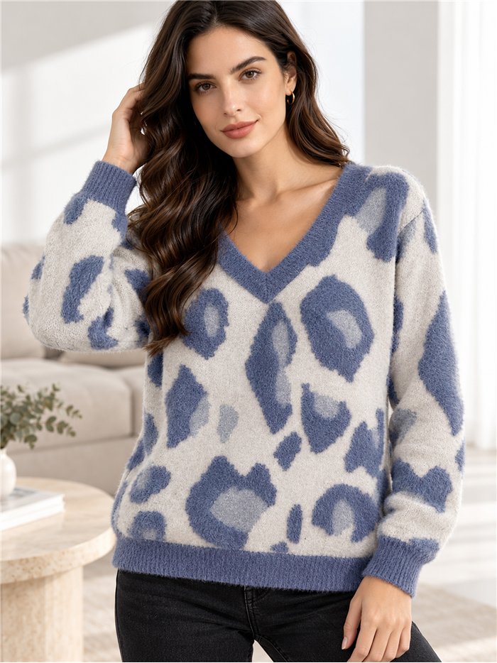 Maglione con scollo a V e stampa animalier in morbida pelliccia.