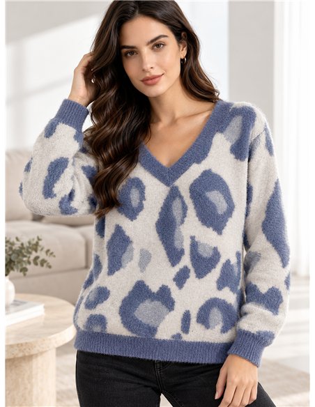 Maglione con scollo a V e stampa animalier in morbida pelliccia.