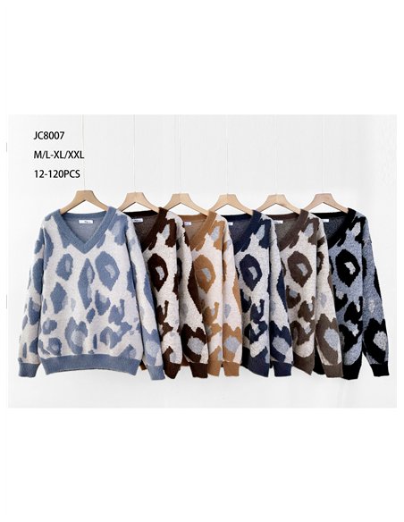 Maglione con scollo a V e stampa animalier in morbida pelliccia.