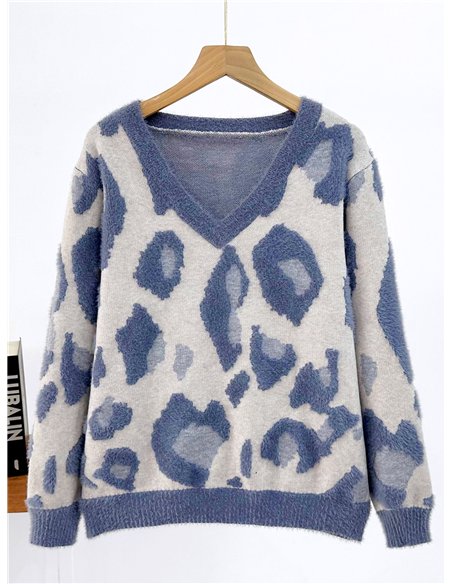 Maglione con scollo a V e stampa animalier in morbida pelliccia.