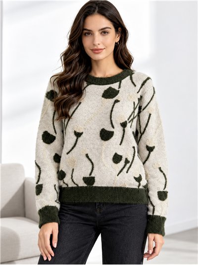 Weichfloriger Pullover mit linearem Blumenmuster