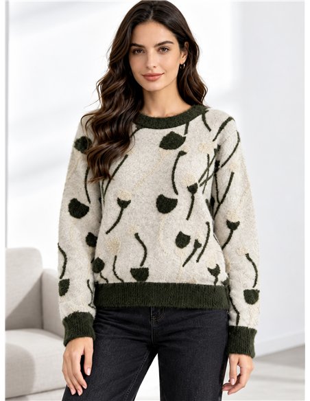 Weichfloriger Pullover mit linearem Blumenmuster