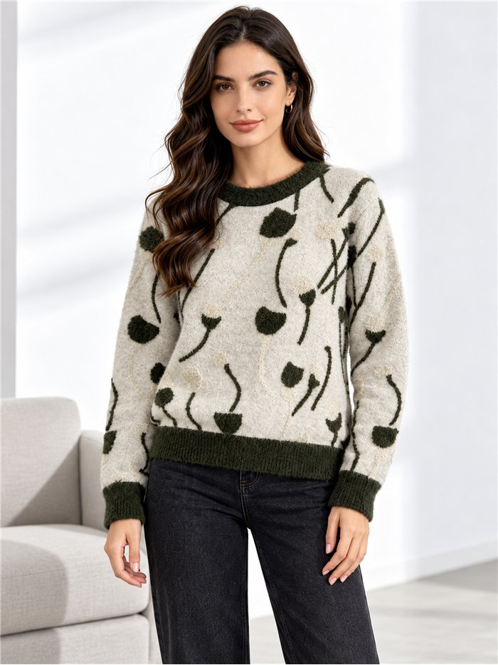 Weichfloriger Pullover mit linearem Blumenmuster
