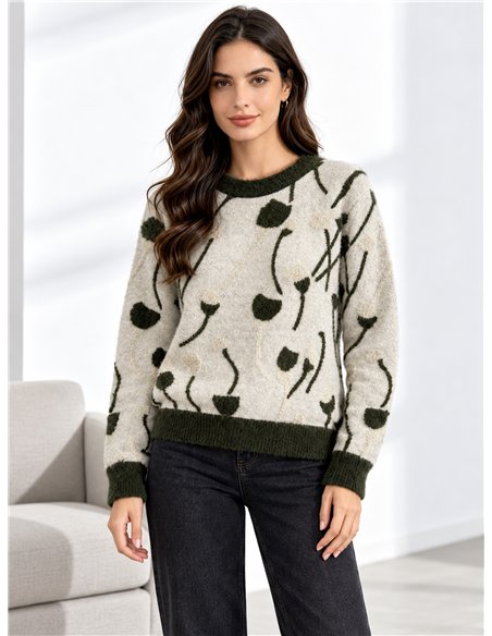 Weichfloriger Pullover mit linearem Blumenmuster