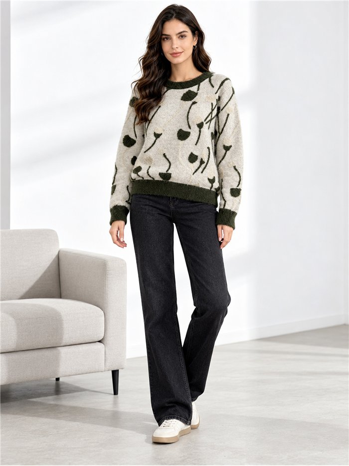 Weichfloriger Pullover mit linearem Blumenmuster
