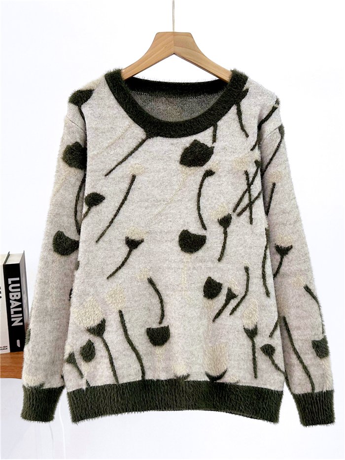 Weichfloriger Pullover mit linearem Blumenmuster