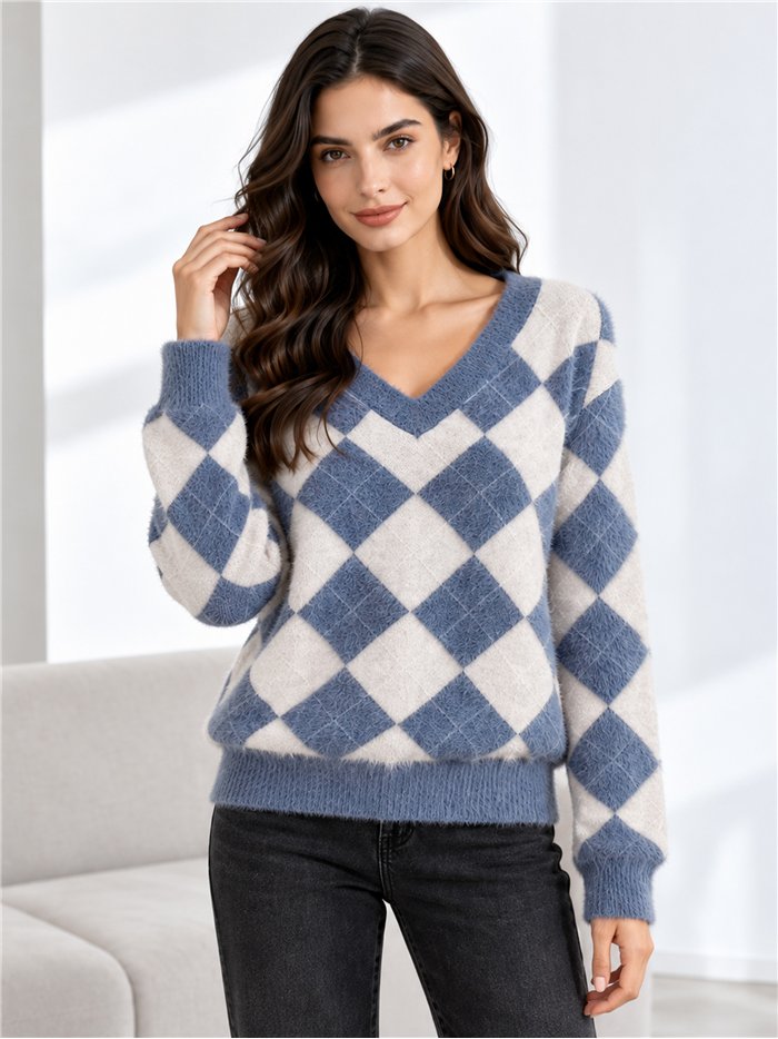 Pull en fausse fourrure douce à motif losanges et col en V
