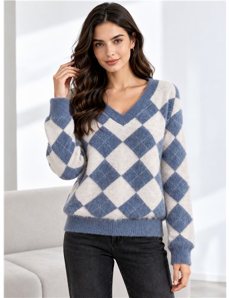 Pull en fausse fourrure douce à motif losanges et col en V