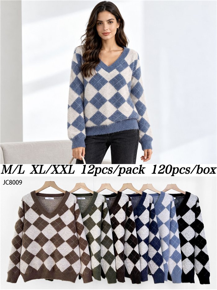 Pull en fausse fourrure douce à motif losanges et col en V