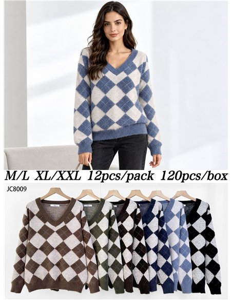 Pull en fausse fourrure douce à motif losanges et col en V