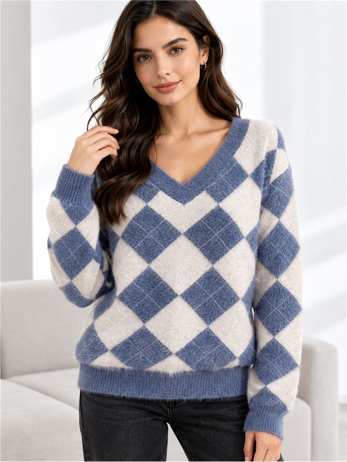 Pull en fausse fourrure douce à motif losanges et col en V