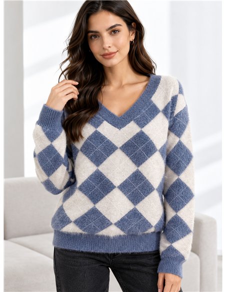 Pull en fausse fourrure douce à motif losanges et col en V