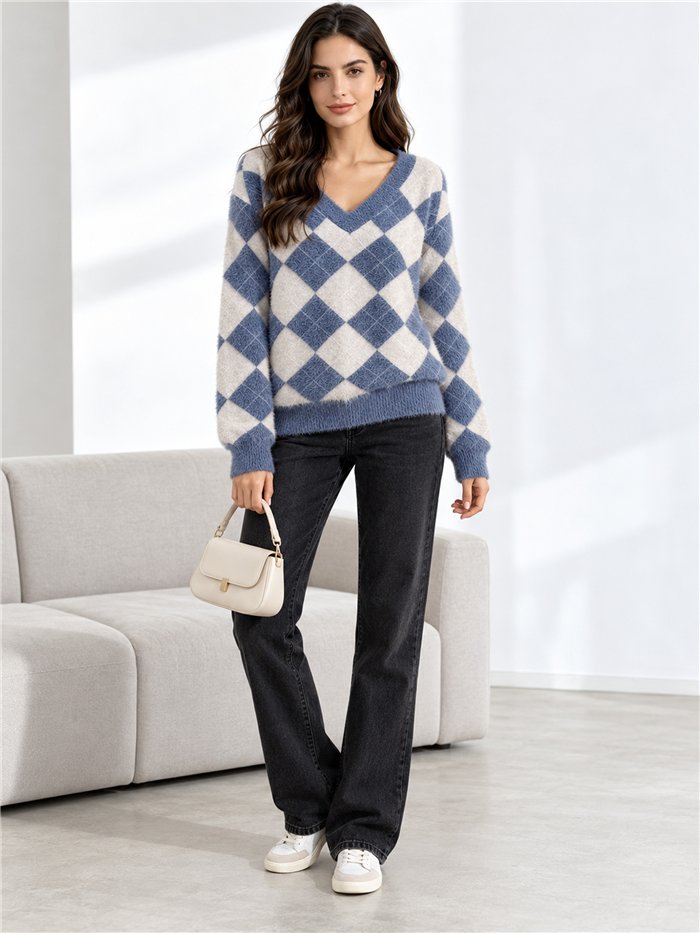 Pull en fausse fourrure douce à motif losanges et col en V