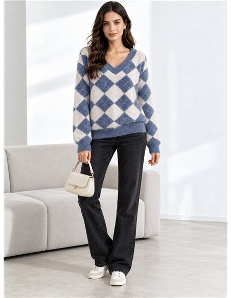 Pull en fausse fourrure douce à motif losanges et col en V