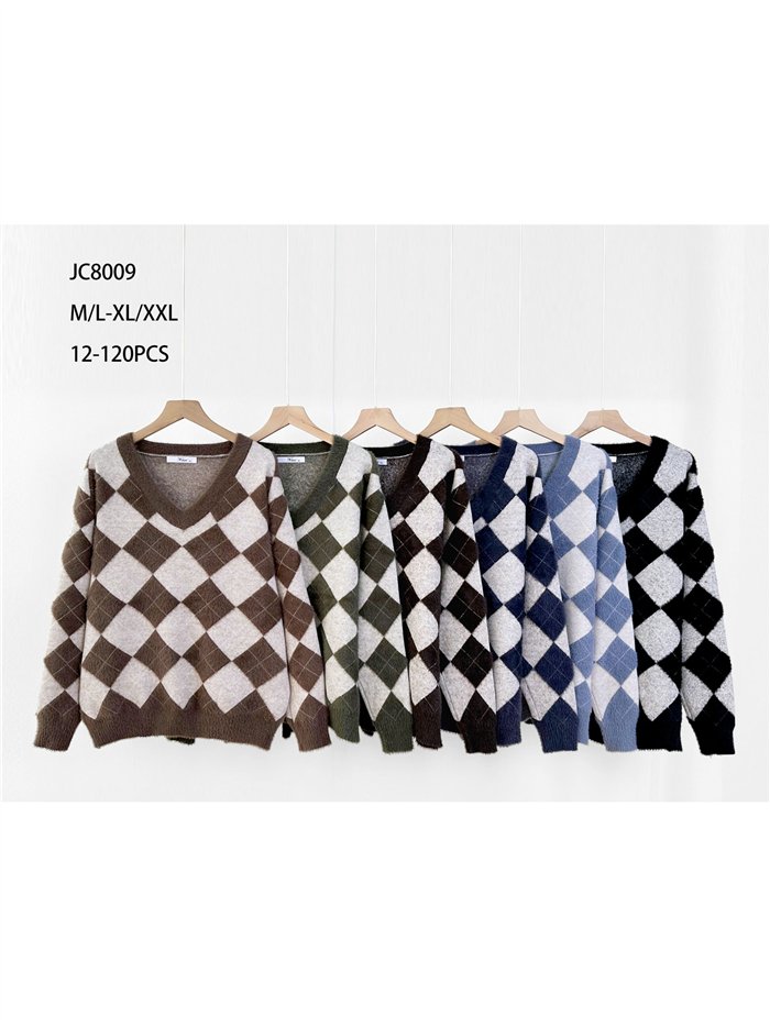 Pull en fausse fourrure douce à motif losanges et col en V