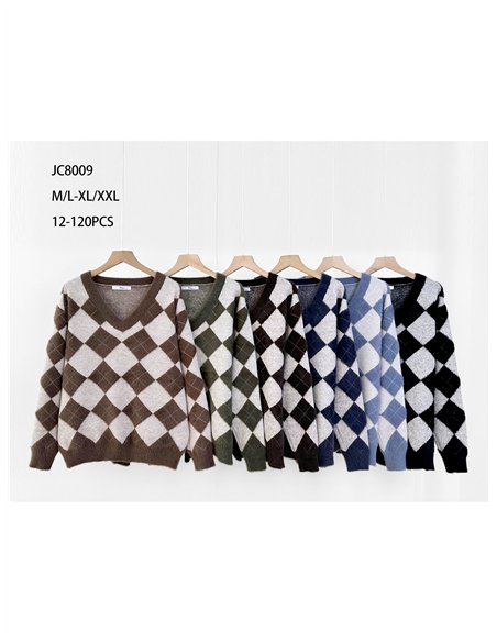 Pull en fausse fourrure douce à motif losanges et col en V