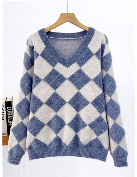 Pull en fausse fourrure douce à motif losanges et col en V