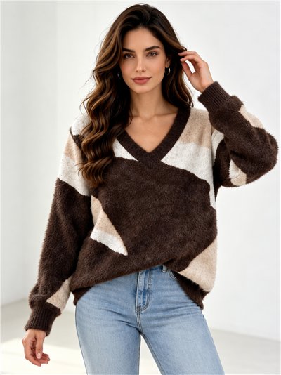 Colour-block fuzzy V-neck sweater